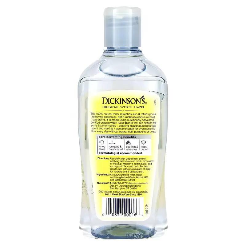The back of the bottle of Dickinson's Witch Hazel Toner.