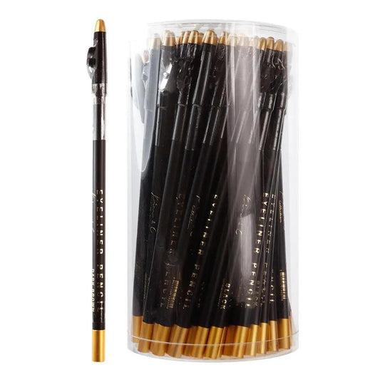 Eye and lip liner with a sharpener. The sharperner is at the top and the pencil is black with gold rim at the bottom.