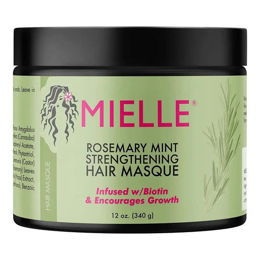 Image of a green container wth a black cover. It has the brand name "Mielle", on it.