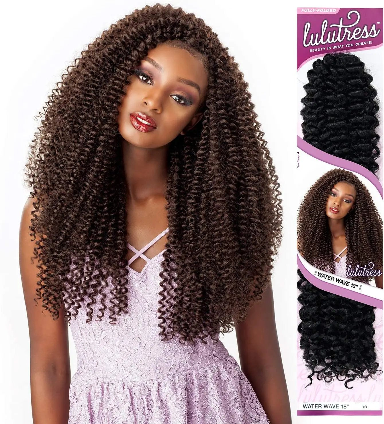 An image of a girl with curly hair beside an image of a pack of the lulutress water wave