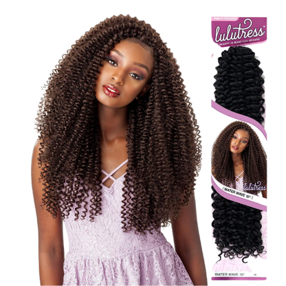 Image of a girl with curly hair beside an image of a pack of the lulutress water wave