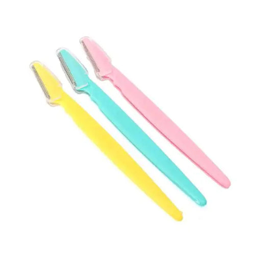Image of three eyebrow razor angledat 45 degrees. Starting from the top, the colors are pink, yellow and mint.