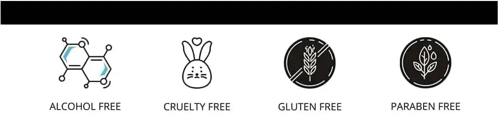 An image with four symbols. From left to right, they are Alcohol free, Cruelty free, Gluten free and Paraben free. 